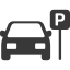 Icon of the front view of a car with a parking sign to it's right