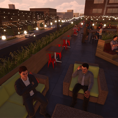 Computer rendering of people sitting and enjoying a roof top patio overseeing The Center across the street.