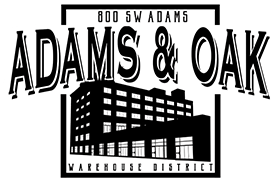800 SW Adams Adams & Oak Warehouse District text with a black and white 2 point perspective view of the building completes this black and white logo